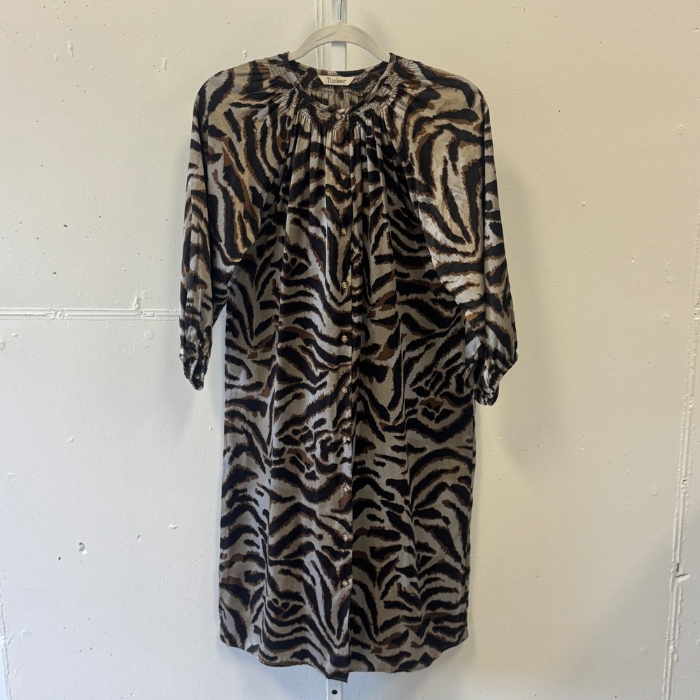Tucker Silk Tiger Print Shirt Dress Brown Black Smocked Neck Button Front Size P